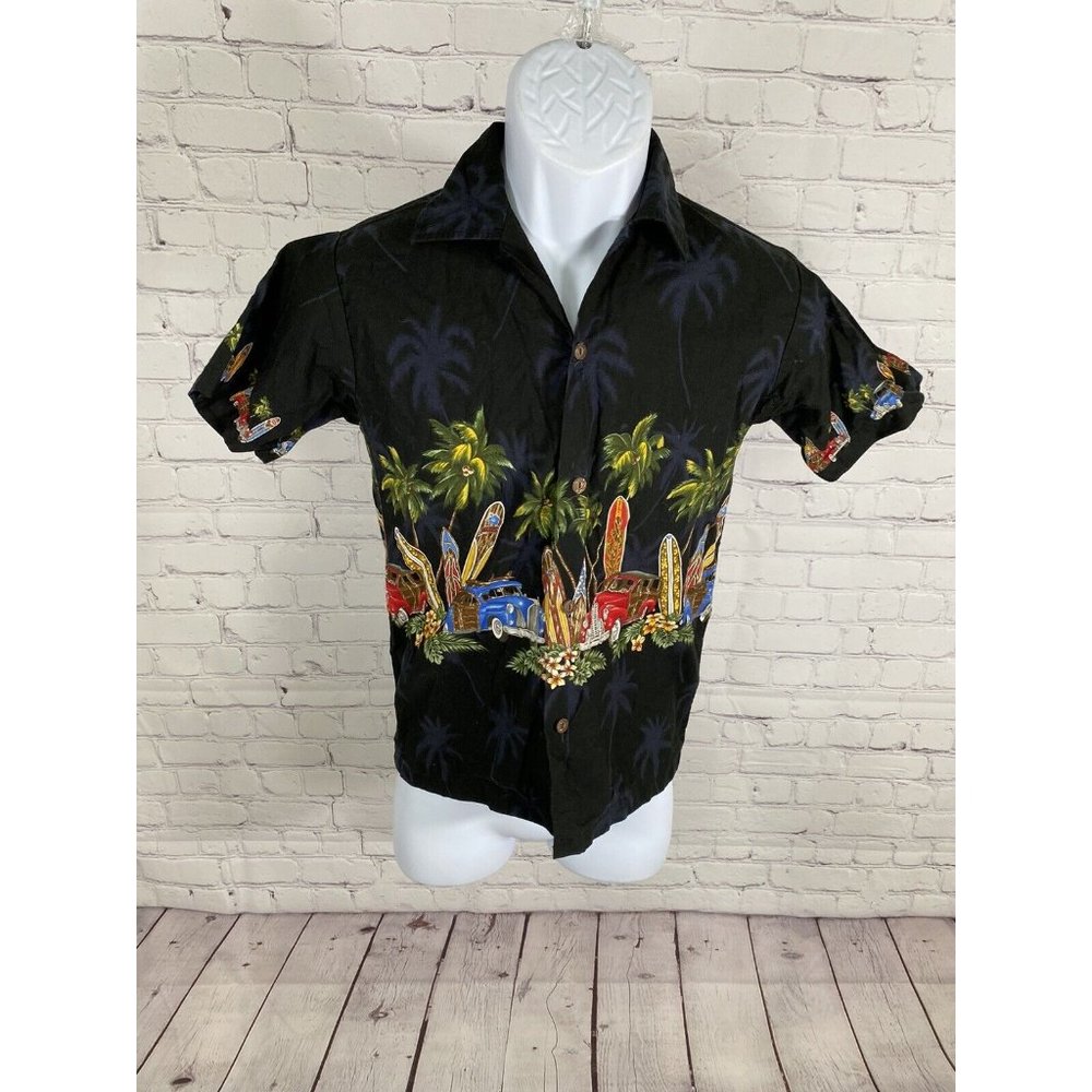 Pacific Legend Apparel Black Palm Tree Surf Board Short Sleeve Shirt Youth L